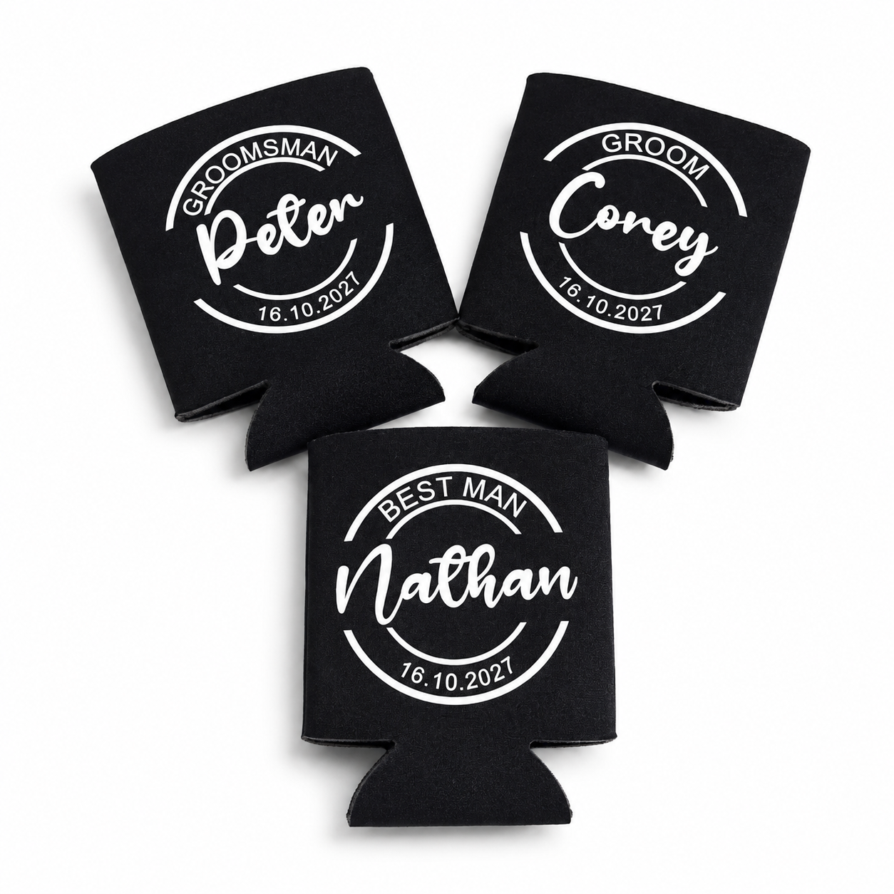 Black can coolers with personalized names and dates on a white background