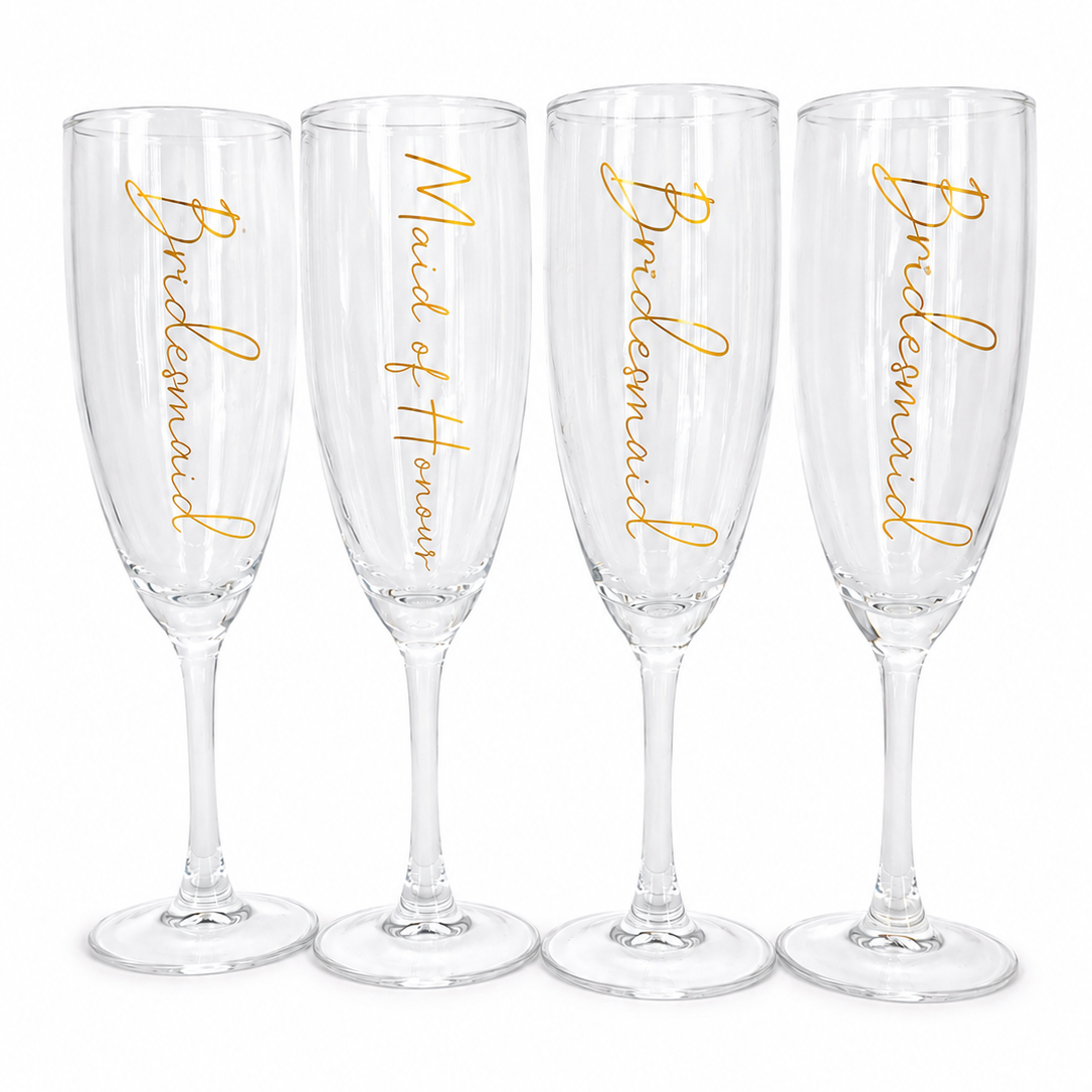 Four champagne flutes with 'Bridesmaid' and 'Maid of Honor' text on a white background