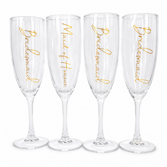 Four champagne flutes with 'Bridesmaid' and 'Maid of Honor' text on a white background