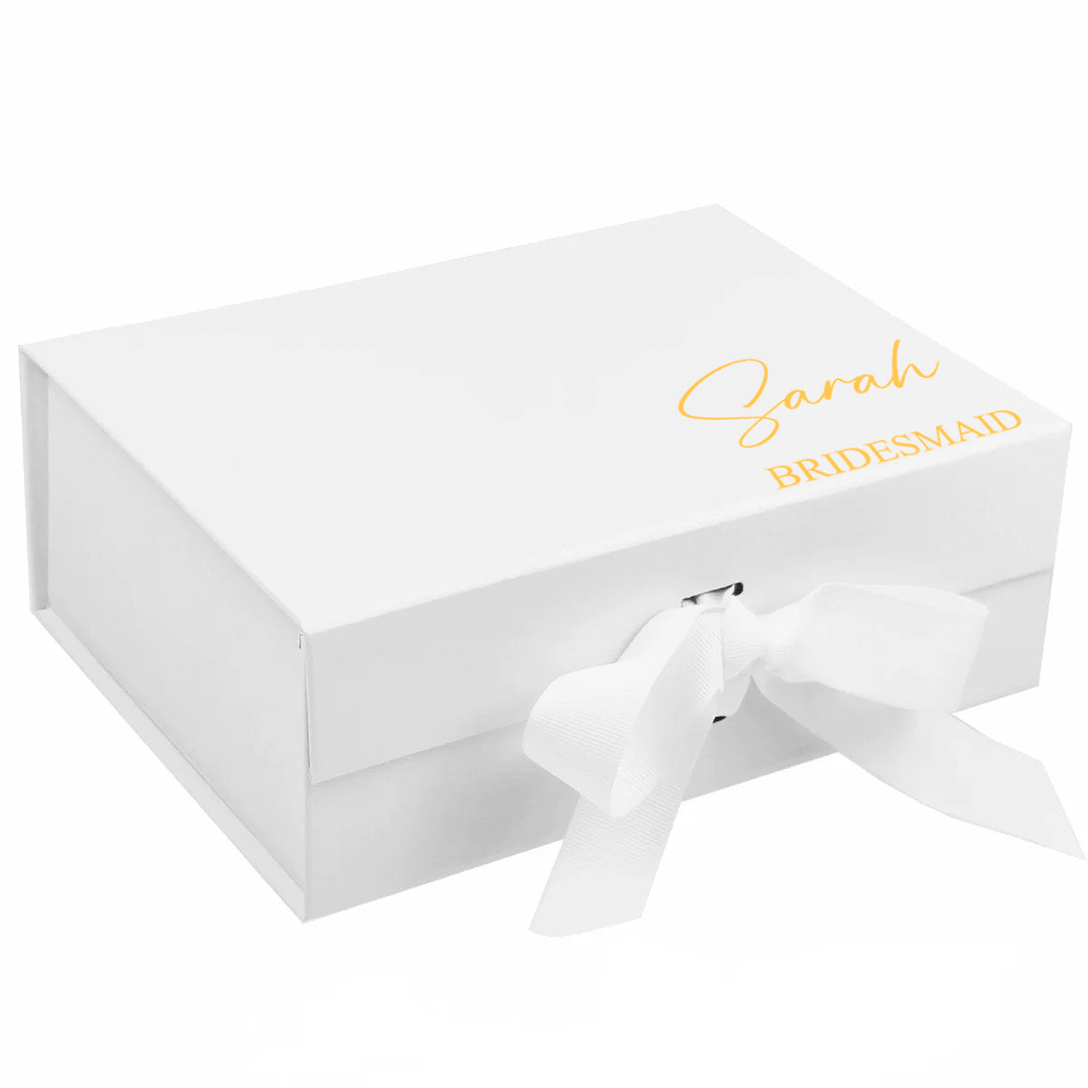 White gift box with a white bow and 'Sarah Bridesmaid' text on a white background