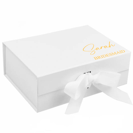 White gift box with a white bow and 'Sarah Bridesmaid' text on a white background