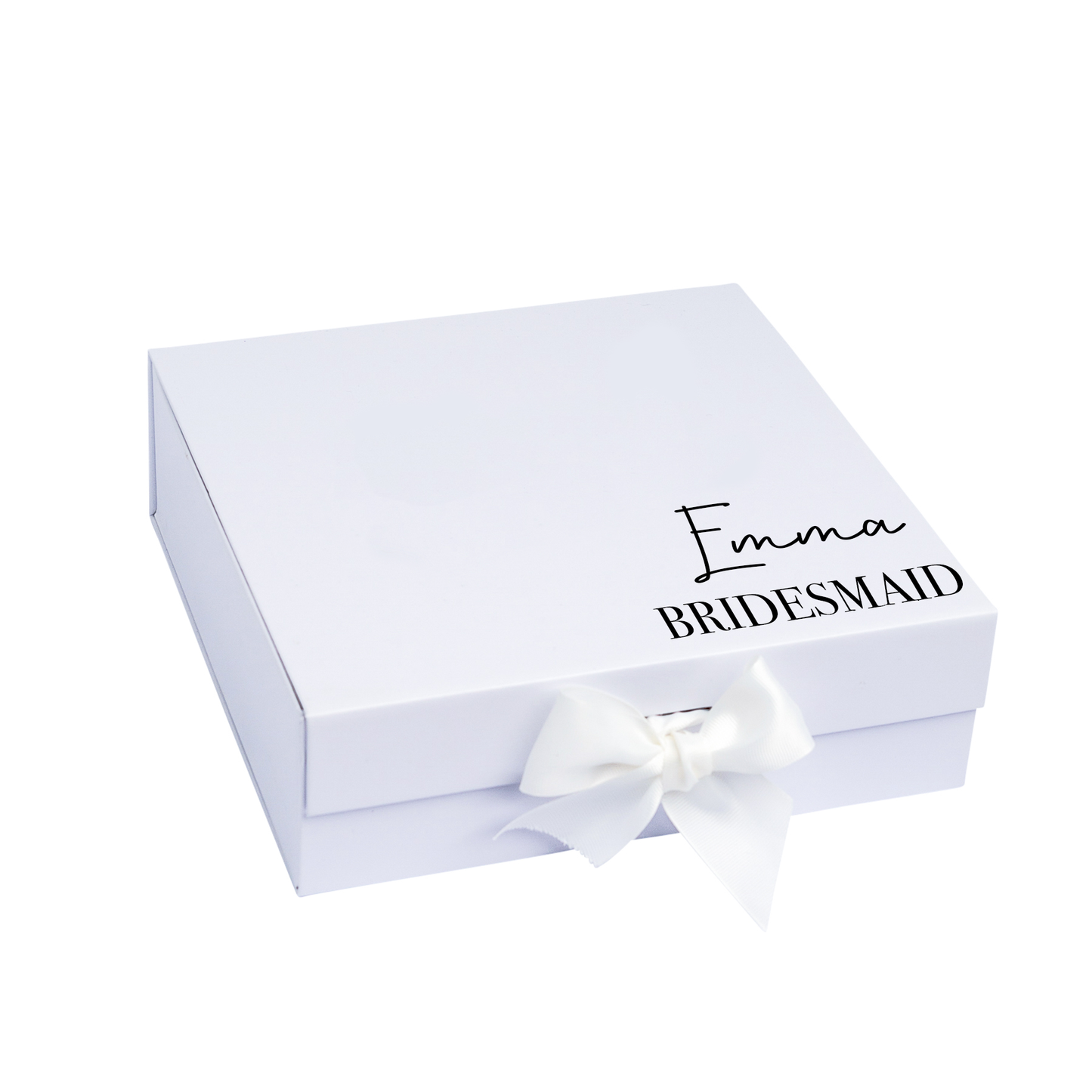 A white gift box with a ribbon, personalized with the name 'Emma' and the title 'Bridesmaid' on the lid.