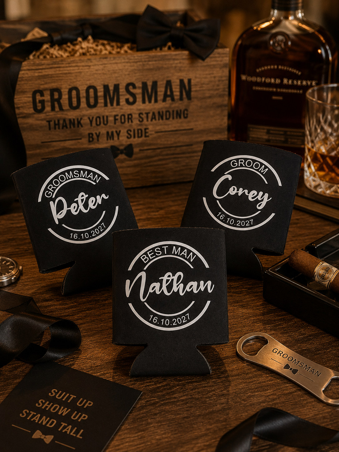 Personalized groomsmen koozies on a wooden table with a bottle of Woodford Reserve bourbon.