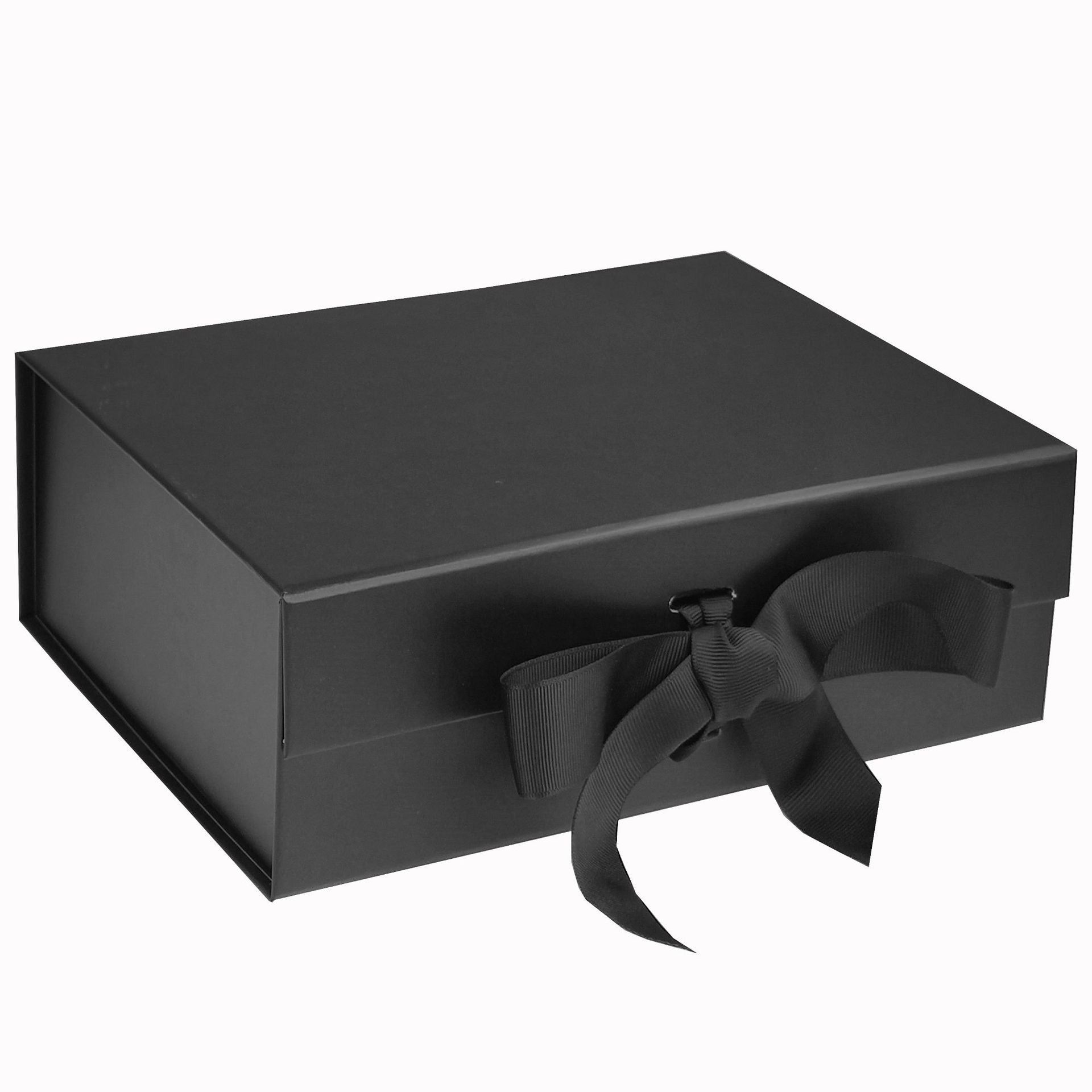 Black gift box with a black ribbon on a white background