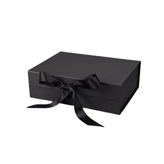 Black gift box with a black ribbon on a white background