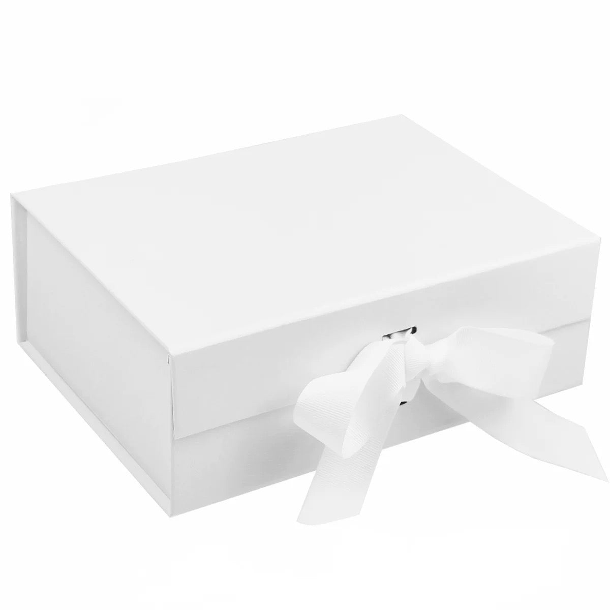 White gift box with a white ribbon on a white background