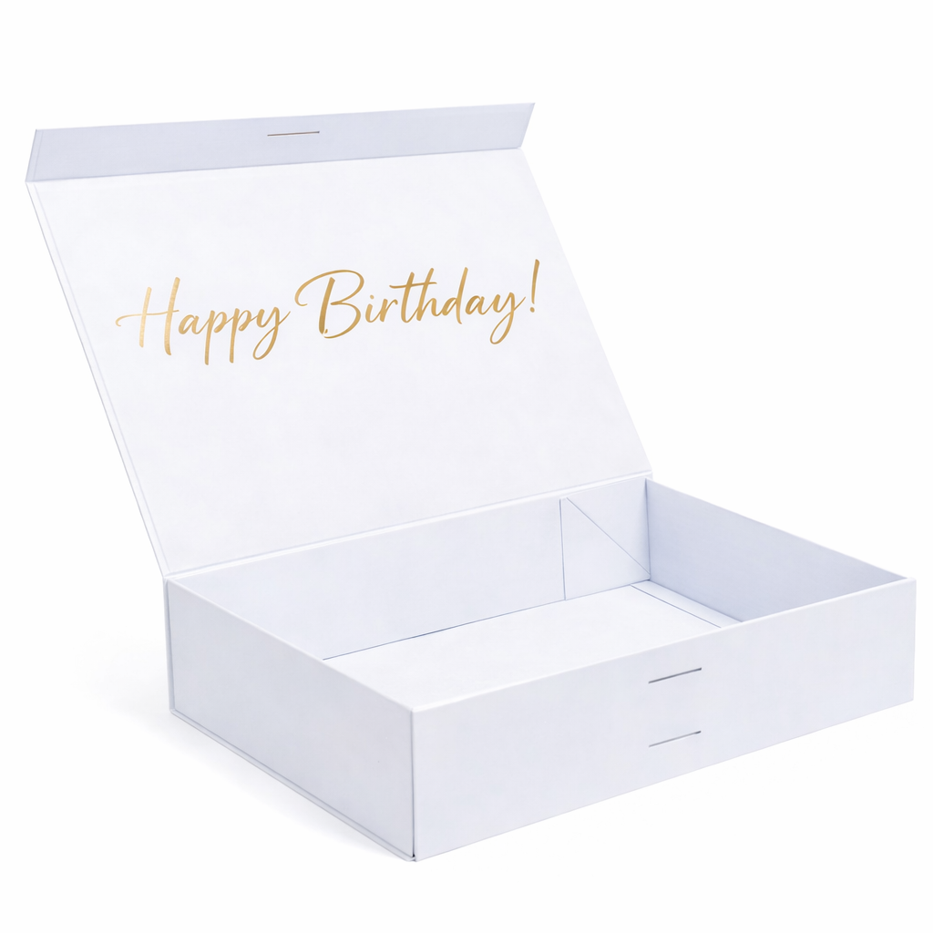 White gift box with 'Happy Birthday!' text on a white background