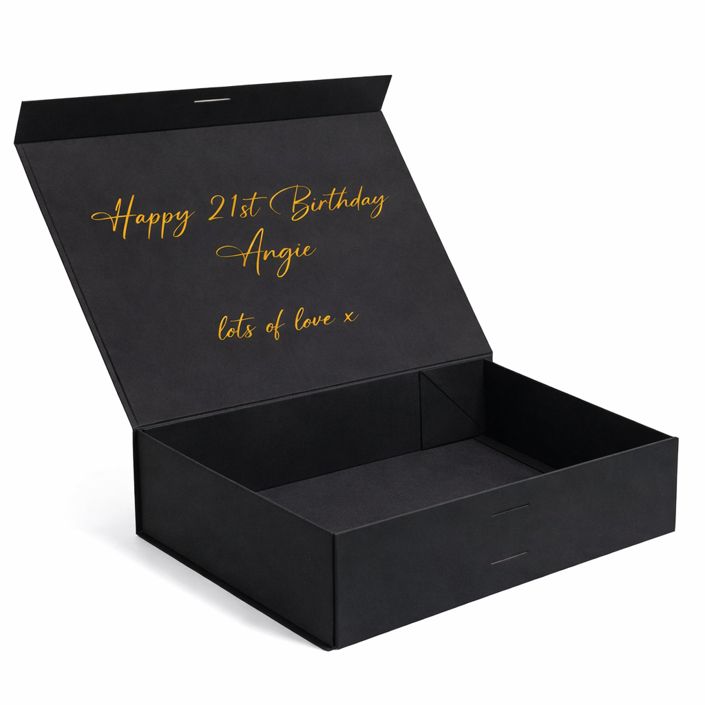 Black gift box with 'Happy 21st Birthday Angie lots of love x' text in gold on a white background