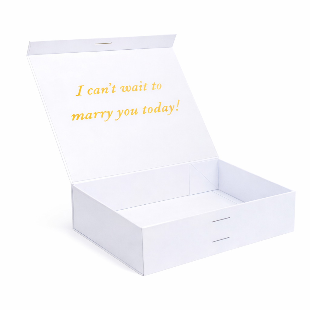 White box with 'I can't wait to marry you today!' text on a white background