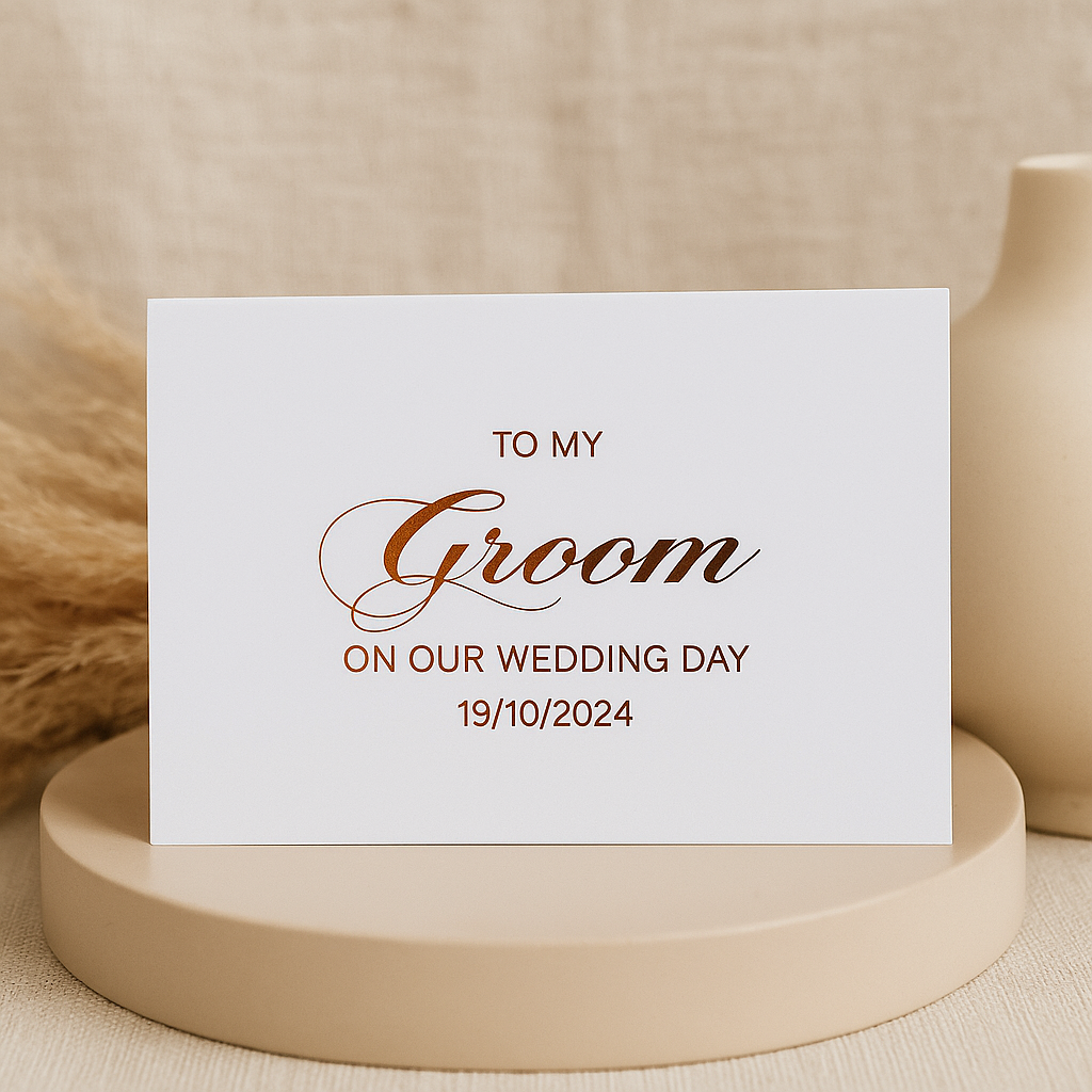Card with 'To my groom on our wedding day' text on a beige background