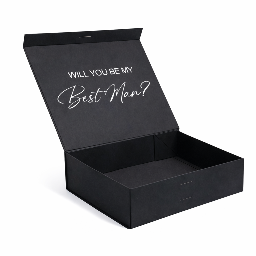 Black box with 'Will You Be My Best Man?' text on a white background