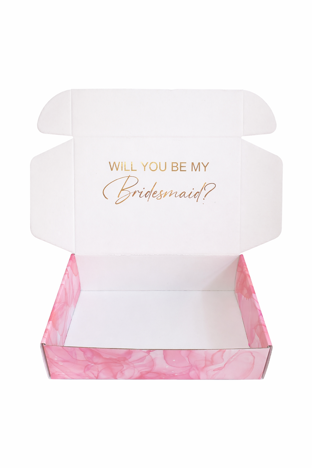Open box with 'Will you be my Bridesmaid?' text on a white background