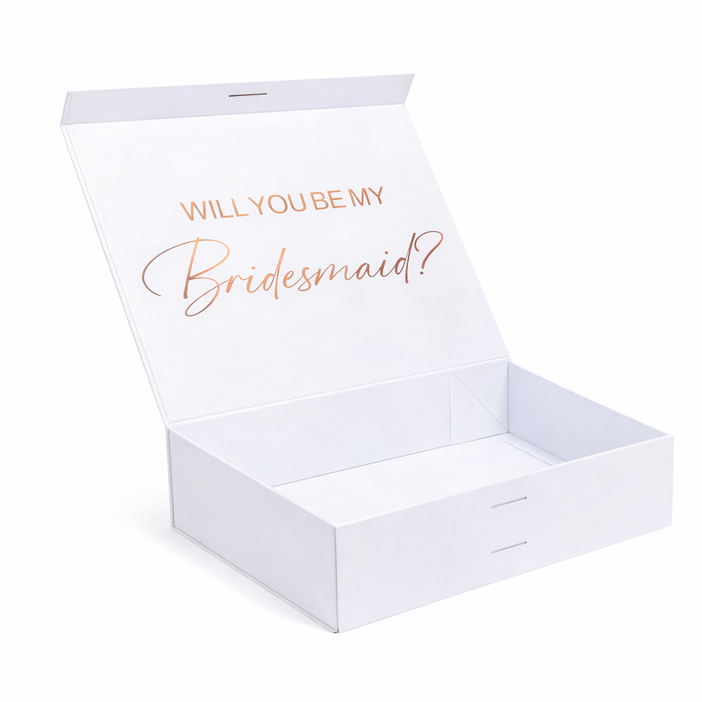 White box with 'Will You Be My Bridesmaid?' text in rose gold on a white background