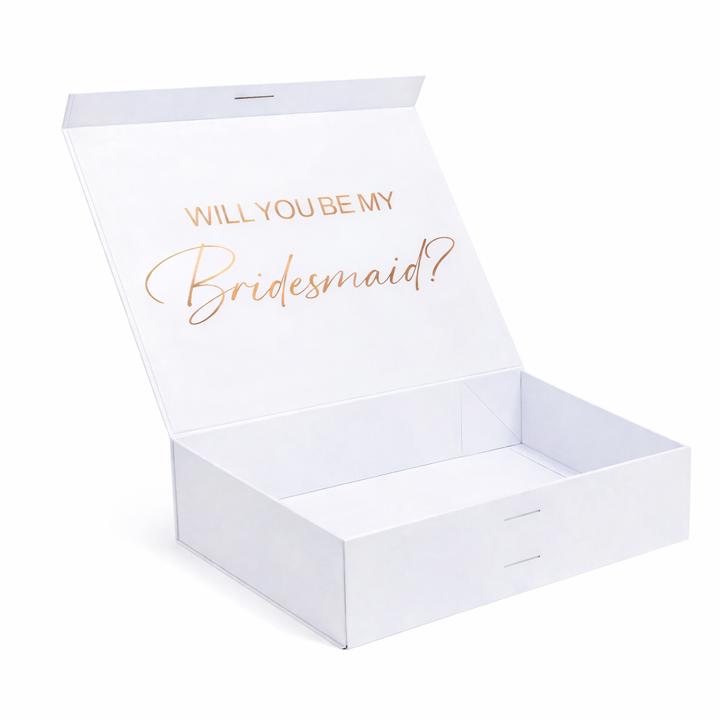 White box with 'Will You Be My Bridesmaid?' text in gold on a white background