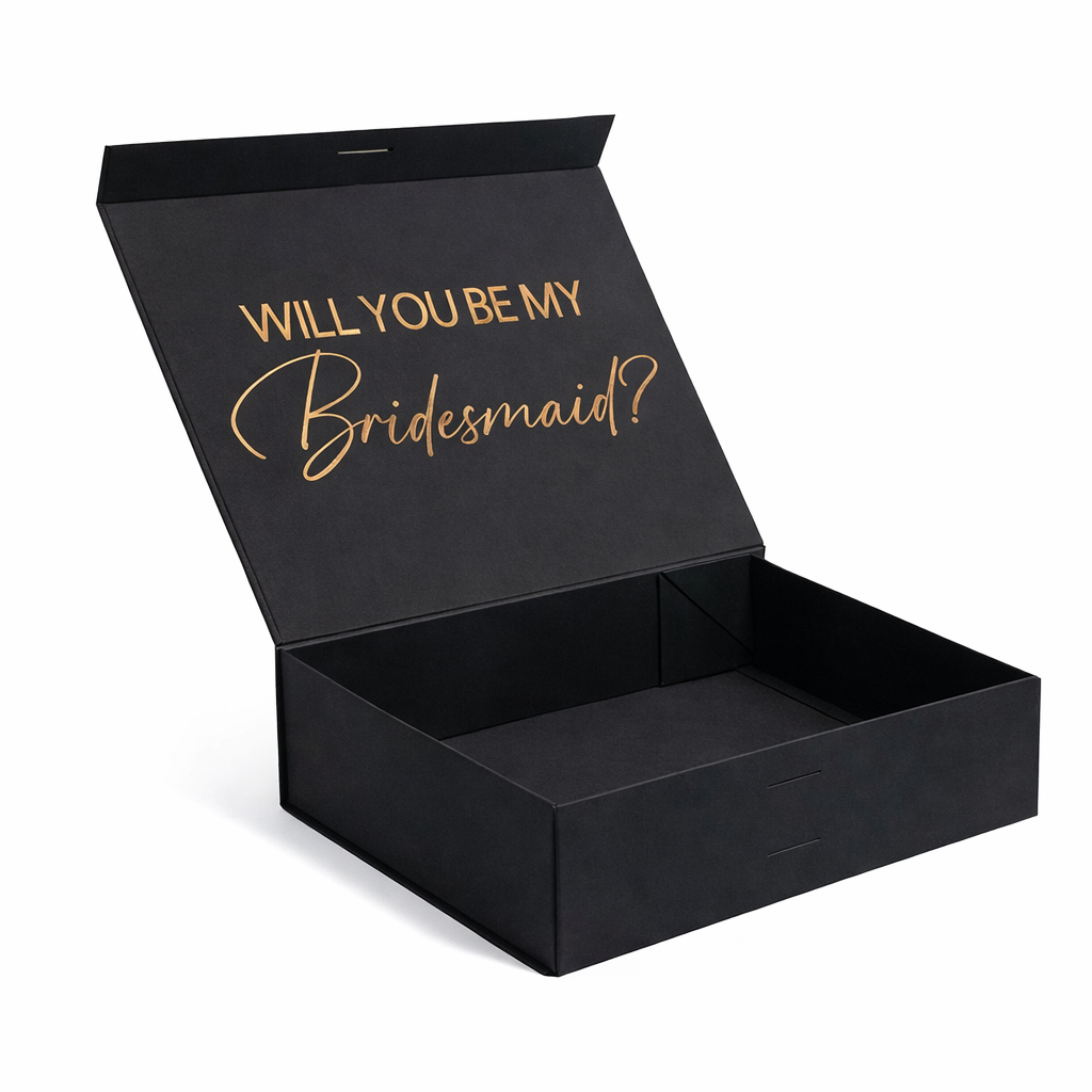 Black box with 'Will You Be My Bridesmaid?' text in gold on a white background