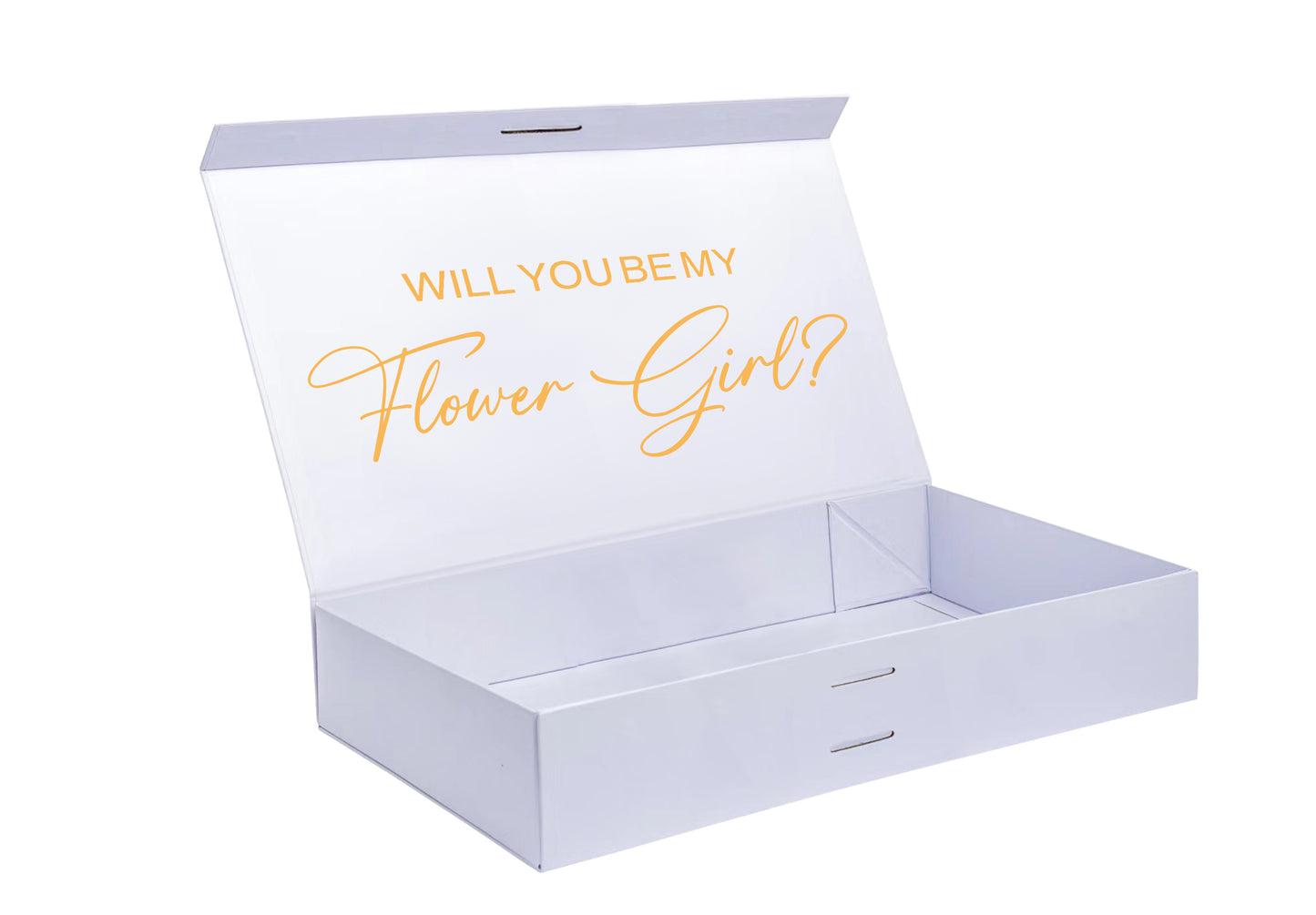 White box with 'Will You Be My Flower Girl?' text in gold on a white background