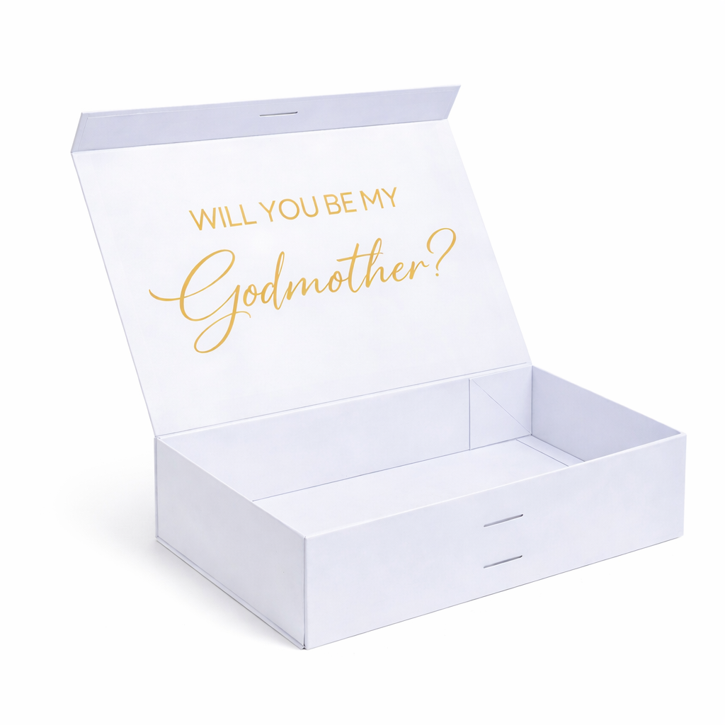 White box with 'Will you be my Godmother?' text in gold on a white background