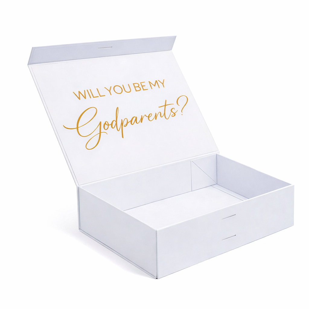 "Will you be my Godparents?" Gift Box | Rose Gold/Gold with White Ribbon | Name on Top