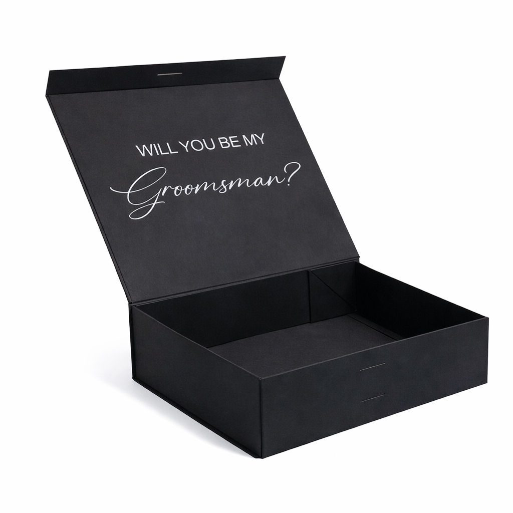 Black box with 'Will You Be My Groomsman?' text on a white background