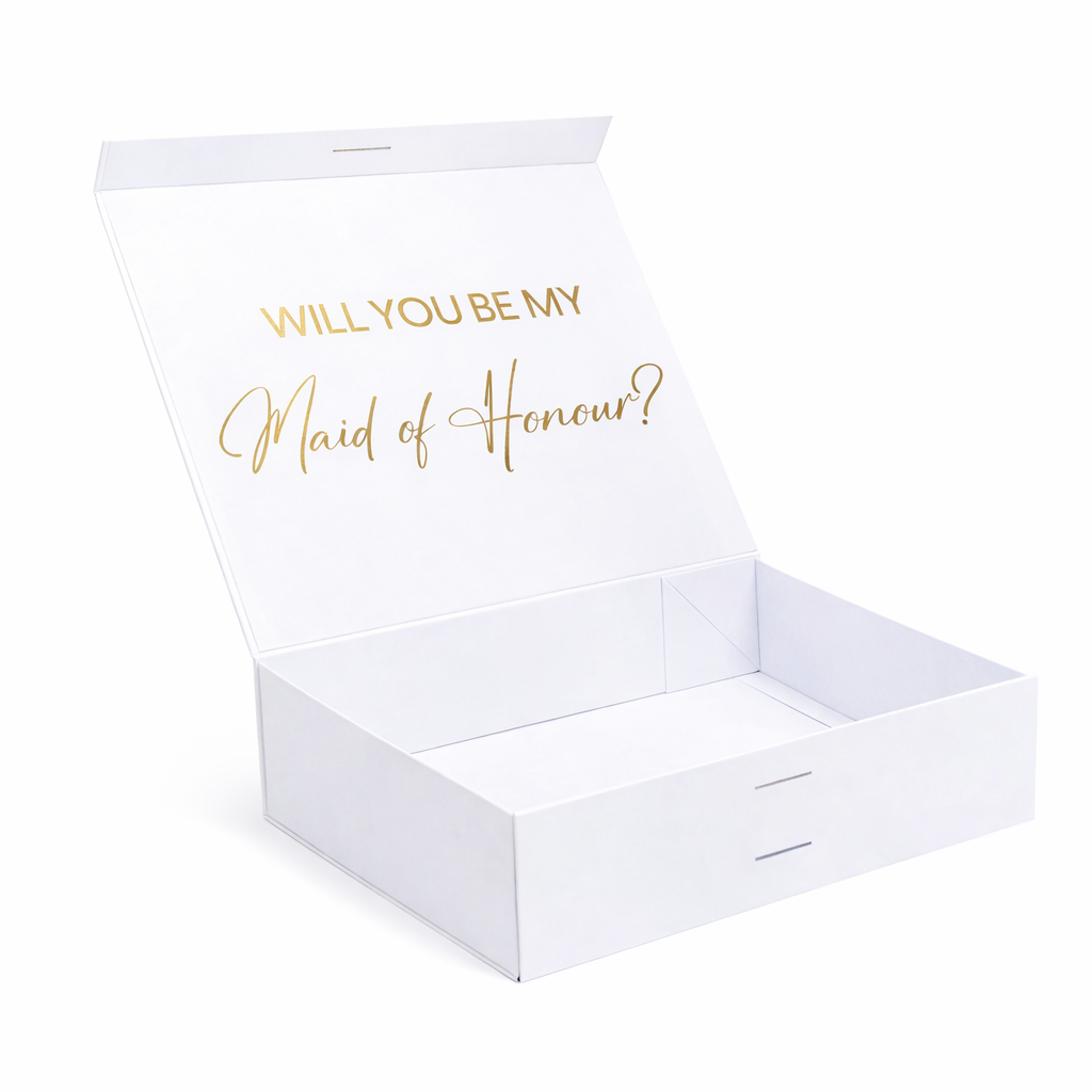 White box with gold text 'WILL YOU BE MY Maid of Honour?' on a white background