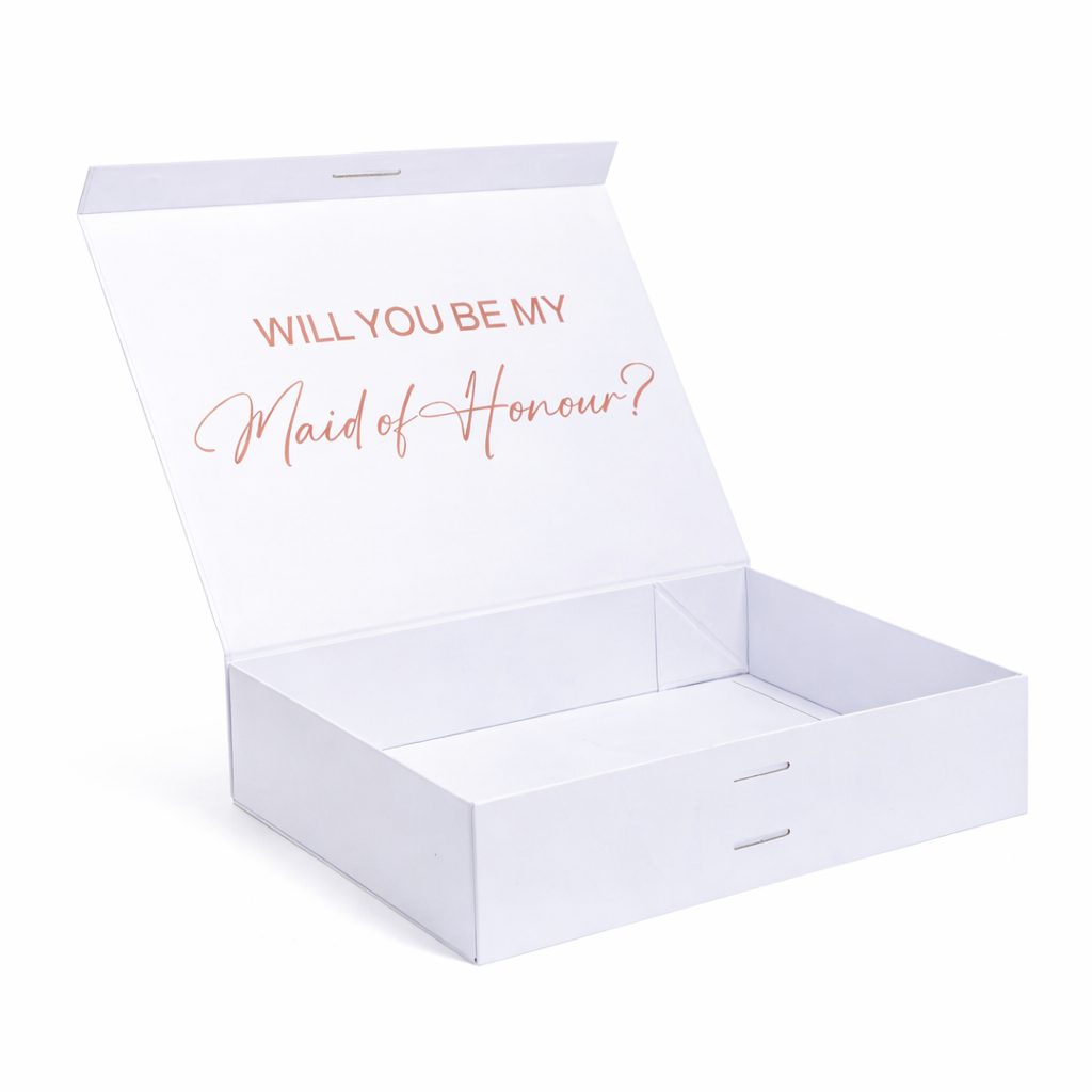 White box with 'Will you be my Maid of Honour?' text on a white background