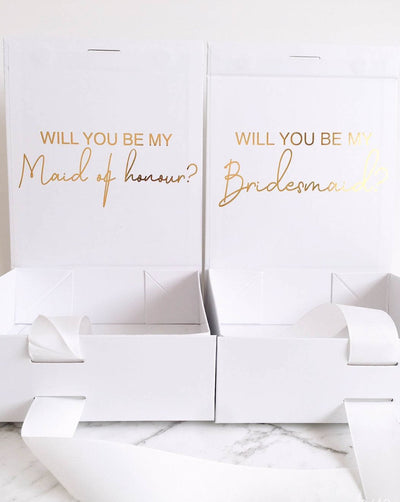 "Will you be my Maid of Honour?" Gift Box | Gold with White Ribbon | With Name on Top - bubbly box