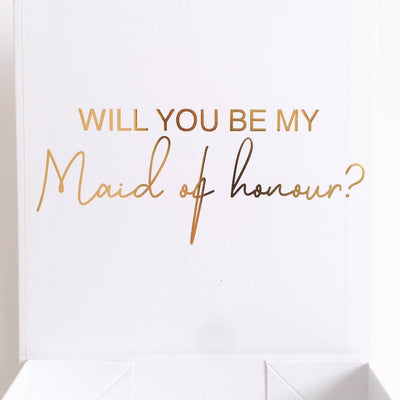 "Will you be my Maid of Honour?" Gift Box | Gold with White Ribbon | With Name on Top - bubbly box