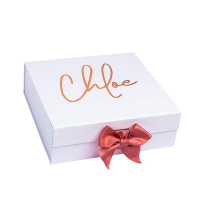 Premium White Gift Box with Name on Top | Rose Gold Writing with Pink Ribbon-bubbly box