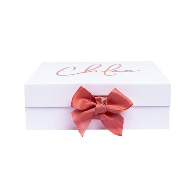 Premium White Gift Box with Name on Top | Rose Gold Writing with Pink Ribbon-bubbly box