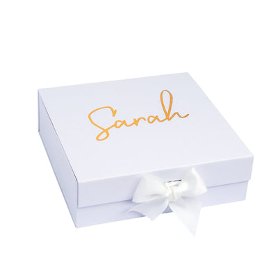 Premium White Gift Box with Name on Top | Gold Writing with White Ribbon-bubbly box