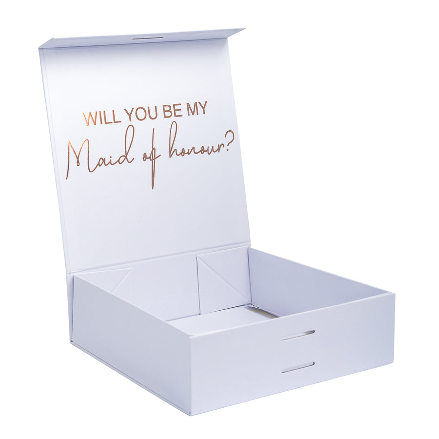"Will you be my Maid of Honour?" Gift Box with Champagne Flute | Rose Gold with Pink Ribbon | No Name on Box