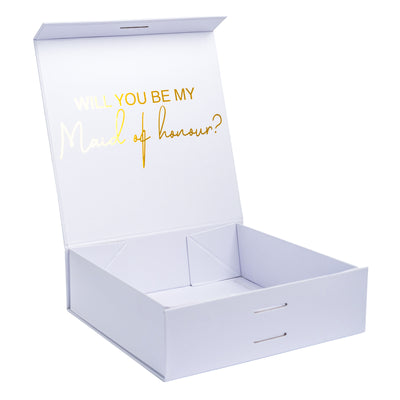 "Will you be my Maid of Honour?" Gift Box with Champagne Flute | Gold with White Ribbon | No Name on Box