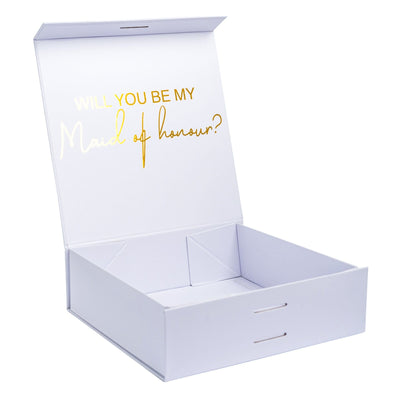 "Will you be my Maid of Honour?" Gift Box | Gold with White Ribbon | With Name on Top - bubbly box