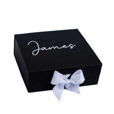 "Will you be my Groomsman?" Black Gift Box with Name on Top | White Vinyl with White Ribbon - bubbly box