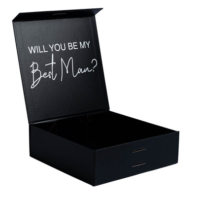 "Will you be my Best Man?" Black Gift Box with Name on Top | White Vinyl & White Ribbon - bubbly box