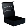 "Will you be my Groomsman?" Black Gift Box with Name on Top | White Vinyl with White Ribbon - bubbly box