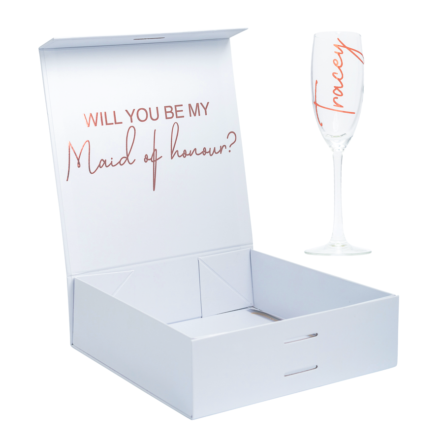 "Will you be my Maid of Honour?" Gift Box with Champagne Flute | Rose Gold with Pink Ribbon | With Name on Top