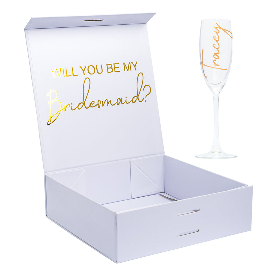 "Will you be my Bridesmaid?" Gift Box with Champagne Flute | Gold with White Ribbon | No Name on Box