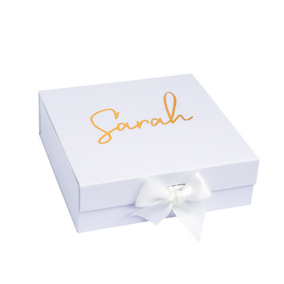 "Will you be my Godmother?" Gift Box | Gold with White Ribbon | With Name on Top - bubbly box