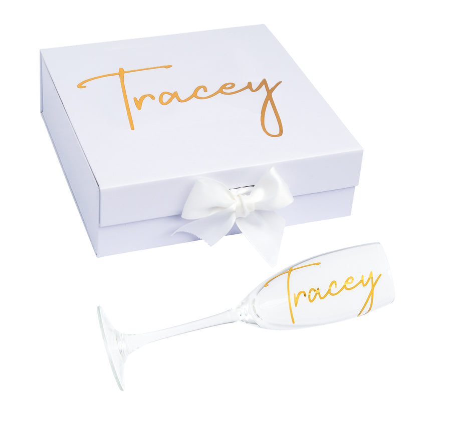 "Will you be my Maid of Honour?" Gift Box with Champagne Flute | Gold with White Ribbon | With Name on Top