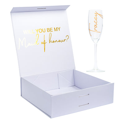 "Will you be my Maid of Honour?" Gift Box with Champagne Flute | Gold with White Ribbon | With Name on Top